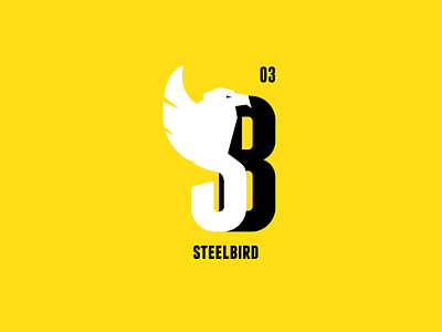 STEELBIRD logo redesign bird black hawk inverse logo steel typo white yellow