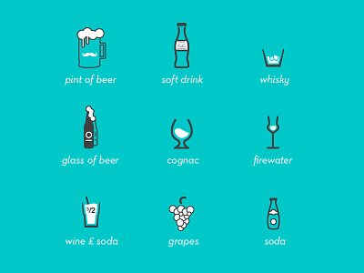 Drink set beer cognac drinks firewater glass icons pint soda soft vector whisky wine