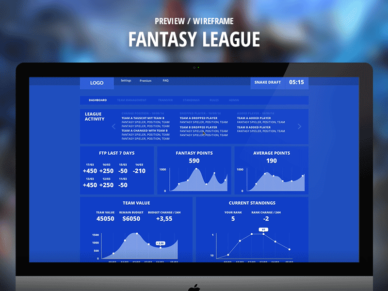 Preview - Fantasy League analytics chart dashboard esport esports fantasy fantasy league graph league preview table wireframe