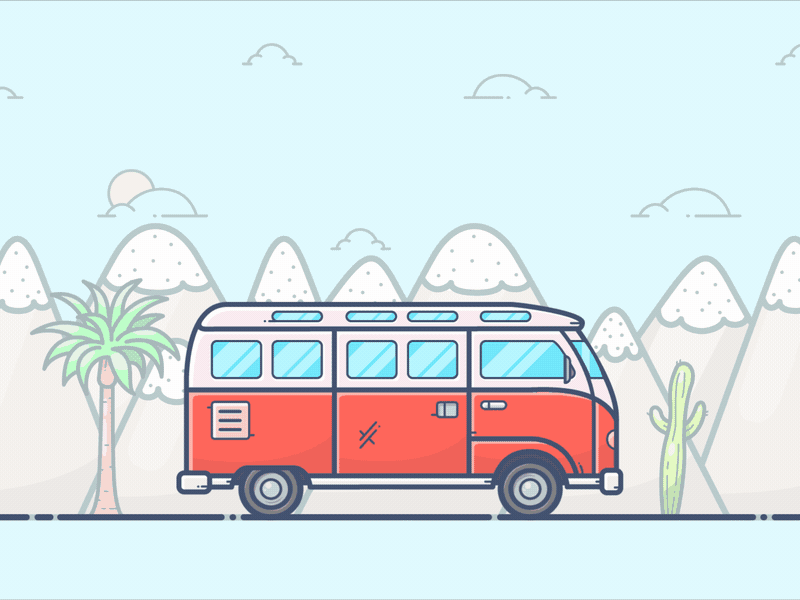 California Dream animation bus california car dream gif mountains palm road summer vacation van