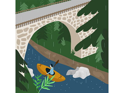 Kayaking in the rainy mountains bridge computer art digital art extreme illustration illustrator kayak lifestyle mountains nature sport vector art
