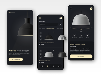 Concept of Mobile App for order and delivery of Lamps 3d app basket categories concept darkmode design filter graphic design icon illustration ios lamp light logo smart steelkiwi typography ui ux