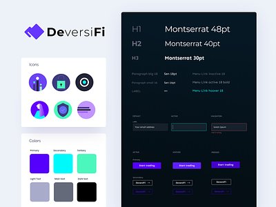 Deversifi style guide active blockchain buttons colors cryptocurrency deversifi error ethworks heading hoover icons inputs neon paragraph pressed states trading typography
