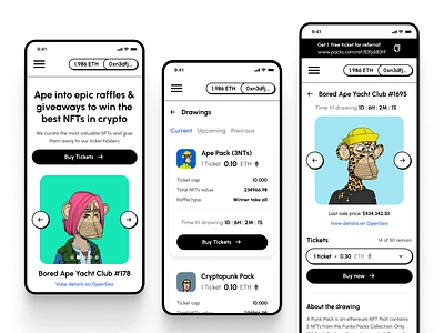 NFT tickets app ape app bored cryptocurrency cryptopunk drawings nft opensea pack tickets ui wallet