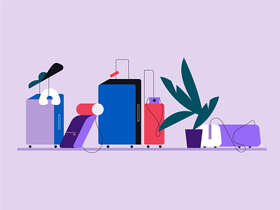 Waiting for a travel color illustration plants suitcases travel vector