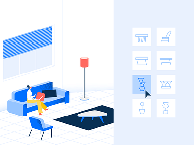 Furniture or plant? 🤔 apartment blue character choice design furniture icons illustration interior isometry