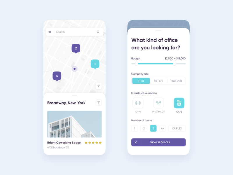 Office Real Estate iOS App app clean design filter flat ios map mobile office real estate ui ux