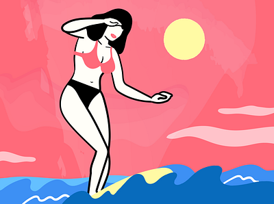 Surfur bikini icons illustration ocean summer surf surfing swimming women