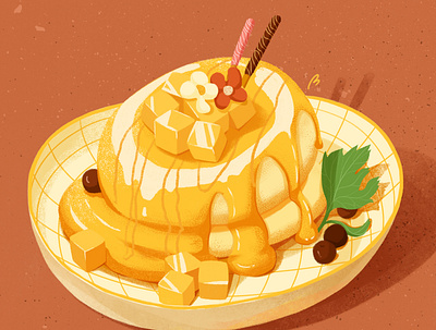 first dish： mango souffle dessert illustration