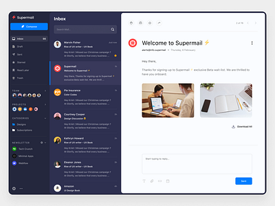 Supermail ⚡ branding dailyui dark design figma gmail inbox mail projects red team ui uiux user interface web