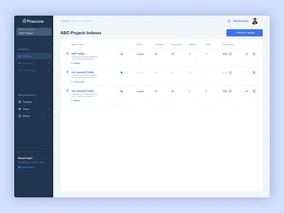 The Indexes list for Pinecone dashboard dashboard ui interface table ui web app