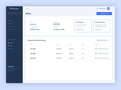 The Billing page for Pinecone billing billing page dashboard dashboard ui interface ui