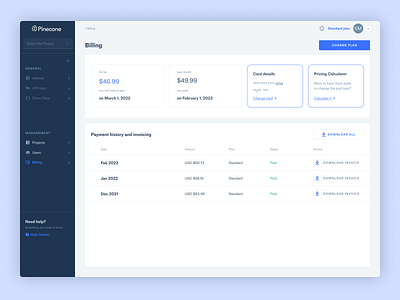 The Billing page for Pinecone