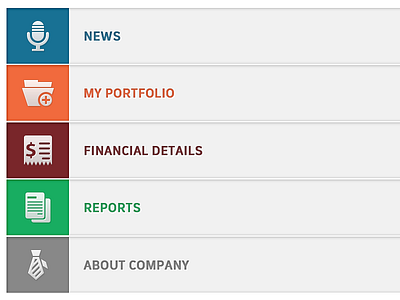 iPhone App Manu financial menu multi color navigation menu news portfolio reports