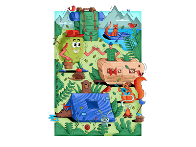 "Be kind to everything that lives" camping design forest illustration isometric print travel vector