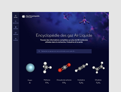Air Liquide — Web Application for their 1972 Gas Encyclopedia 3d app art direction design gas interface mobile molecule responsive science site ui web