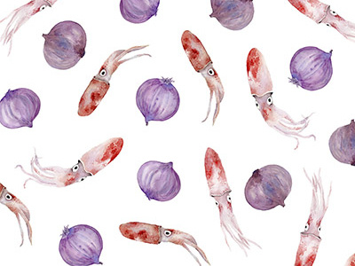 Pattern food illustration onion pattern sauce squid watercolor