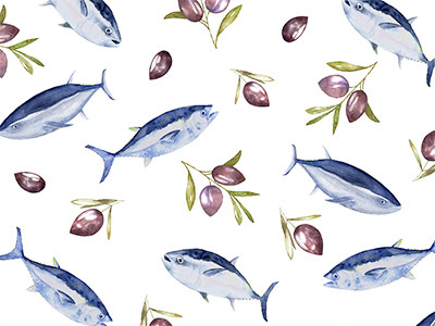 Pattern fish food illustration olive pattern sauce tuna watercolor