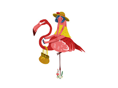 Flamingo bag digital art flamingo girl hat illustration summer