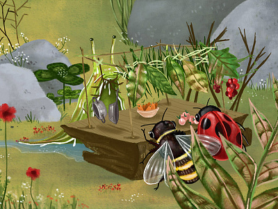 Dinner bee digital art dinner flowers garden illustration ladybug party slug summer