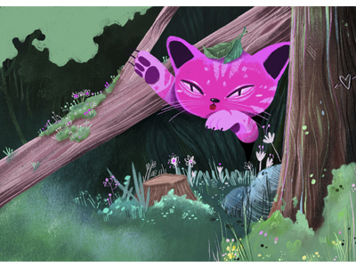 Cat cat digital art forest illustration magic pink cat plants