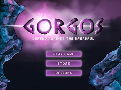 Gorgos Game Title Screen appconcepet appdesign buttons design game app gamedesign illustration mythology play game purple texture ux