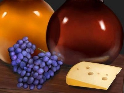 Jars, cheese and grapes