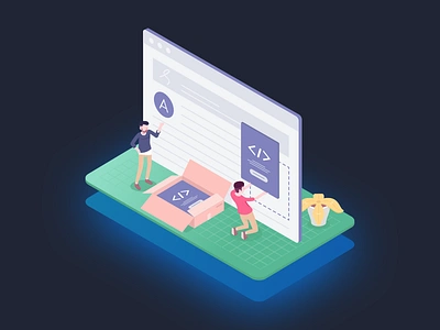 Isometric and Coding coding development flat front end gradient hiring illustrations isometric poster react