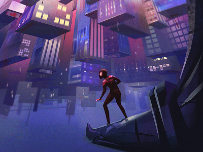 Into The Spider-Verse background city concept art design environment illustration light painting spiderman visual development