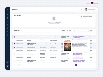 Videeya- Book List and Bulk Upload dashboard design ui ux visual design