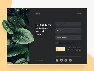 sign up (dark) 001 daily ui dark design layout leaves login product registration sign in sing up sketch sketchapp ui unsplash web web page website