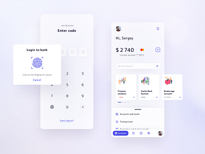Banking — verification and dashboard account app banking blue blur card code dashboad design envato icons layout light login mobile product profile touch id ui ux
