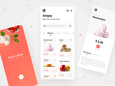 Food online app card design concept daily delivery app ecommerce food and drink grocery light meal mobile online red search shop shopping app store trend ui ux