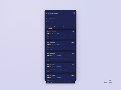 Schedule 071 app daily ui dark ui listing mobile schedule train