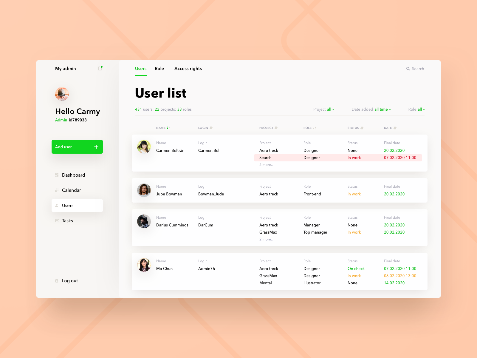 Light list. Список UI. UI панель аналитики. User list. UI панель аналитики White.