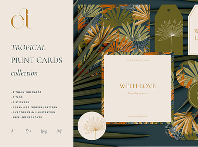 Tropical Print Cards Collection branding card card design collection identity illustration packaging palm print cards printable seamlesspattern stickers tags textile pattern tropic tropical leaves tropical pattern wrapping paper