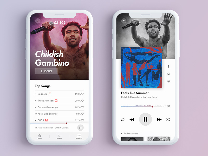 ALTO Music Player App Design (2/2) childish gambino streaming music artist alto music player player music app artist mobile iphone black and white ios music gradient app design interface ux ui typo