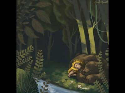 Child and bear on the forest