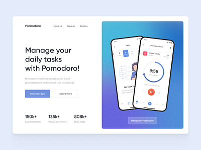 Pomodoro Timer App - Landing Page animation daily landing page lp manage management manager promo time time tracker to do todo tracker tracking ui ux web website