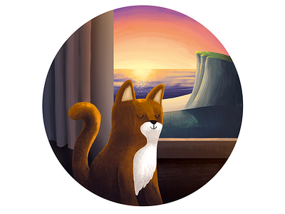 Mrs Cat animal beach cat cute illustration round sea sun sunset