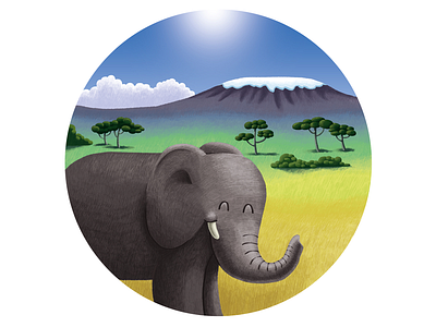 Mrs Elephant africa animal clouds cute elephant illustration landscape mountain round sky sun trees