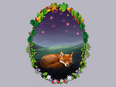 Sleep well Mr Fox animal cute fox illustration leaves plants sky sleep stars wreath