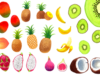 Watercolor Fruits ananas art banana exotic food handdrawn illustration mango seamless summer tropical watercolor