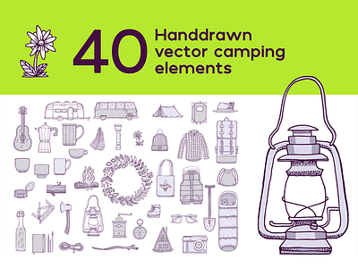 Camping Illustrations bundle camping coffee creativemarket drawings handdrawn hiking illustration nature outdoor passive income vector