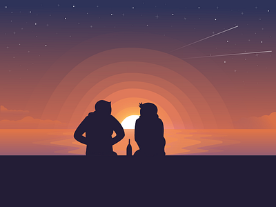 You, me & a drink airstream evening friends friendship illustration illustrations landscape night sky ocean sea sun sunset