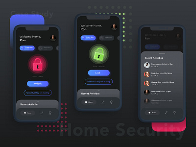 Home Security App - home screen app application cards clean dark dark mode gradient home illustration ios iphone lock minimal mobile security smart home ui user interface ux