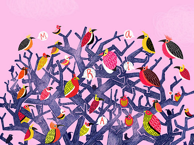 Tree of birds animals birds brush digital forest illustration painting tree