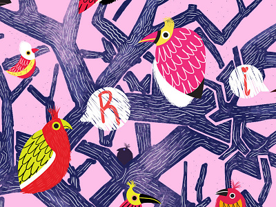 Tree of Birds - detail animals birds brush digital forest illustration painting tree