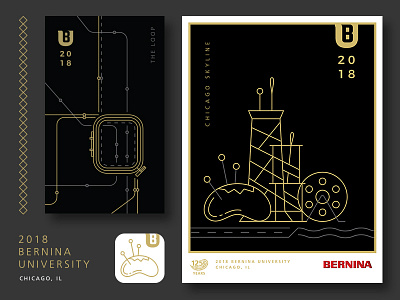 2018 BERNINA University Branding app icon branding chicago event illustration logo minimal modern monoline poster sewing signs