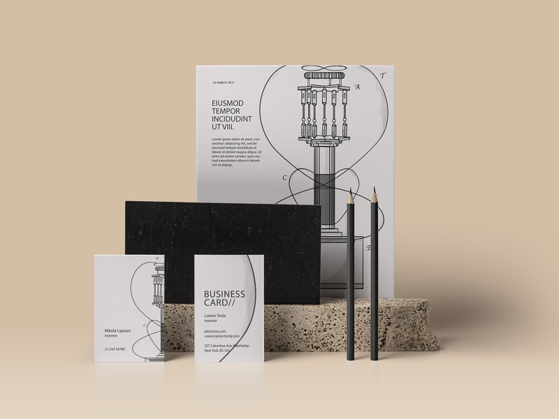 Identity with Leydorf's antenna stationery transmitter magnifying magnetism business card corporate identity branding physics tesla coil
